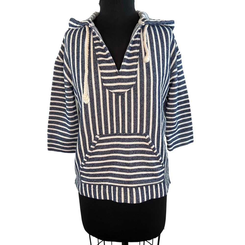 J Crew Baja Blue White Striped Terry Cotton Drawstring Hoodie Sweater B8539 XXS
